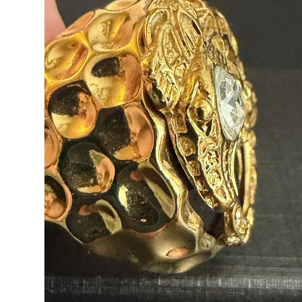 Vintage Ring Brutalist Chunky Alligator Rhinestone Gold Tone Pinky Size 5